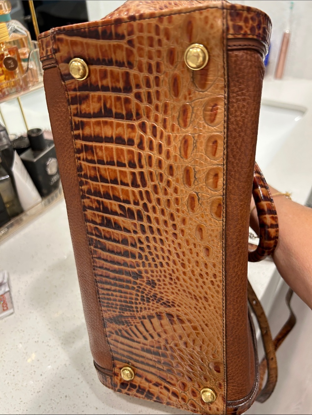 Brahmin Cognac Brown Leather Satchel with Croc-Embossed Trim and Gold Hardware. - Picture 6 of 6